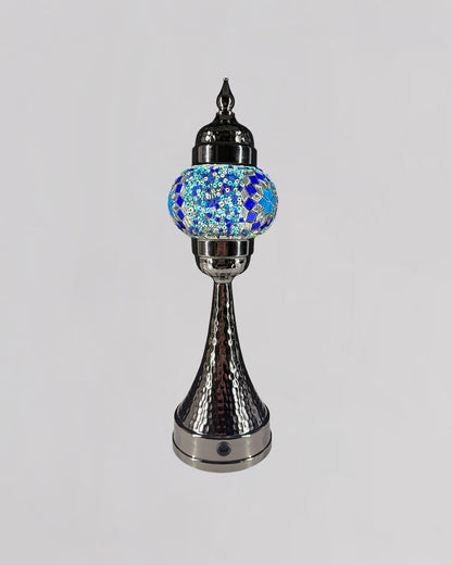 Decorative lamp with a blue and silver design on a gray background